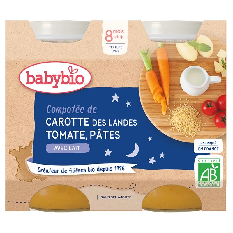 BABYBIO Babybio Compotée de Carotte des Landes Tomate Pâtes 2x200g