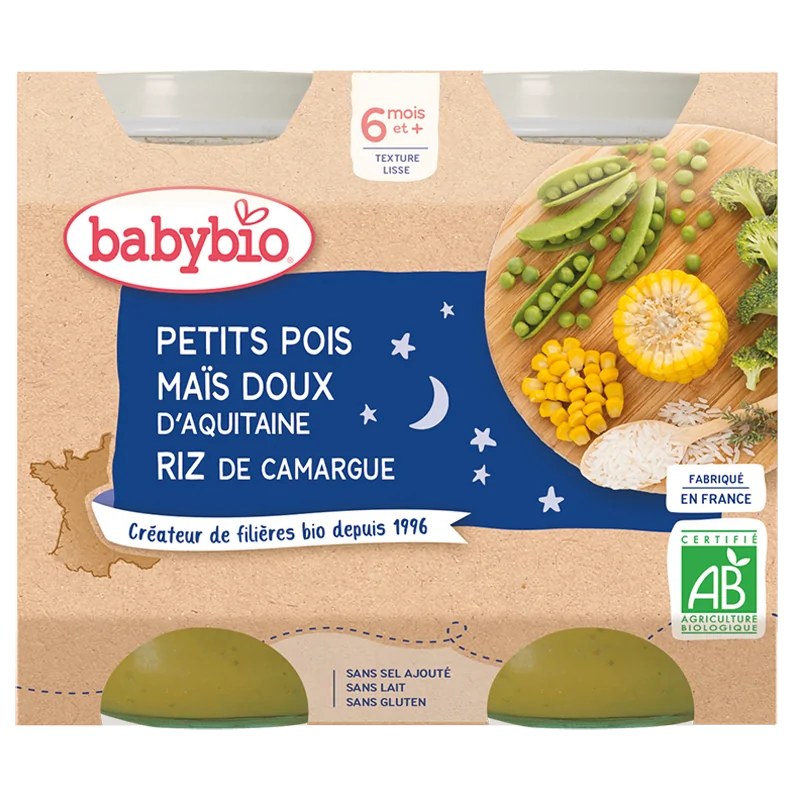 BABYBIO Babybio Petits Pois Maïs Doux d’Aquitaine Riz de Camargue 2x200g