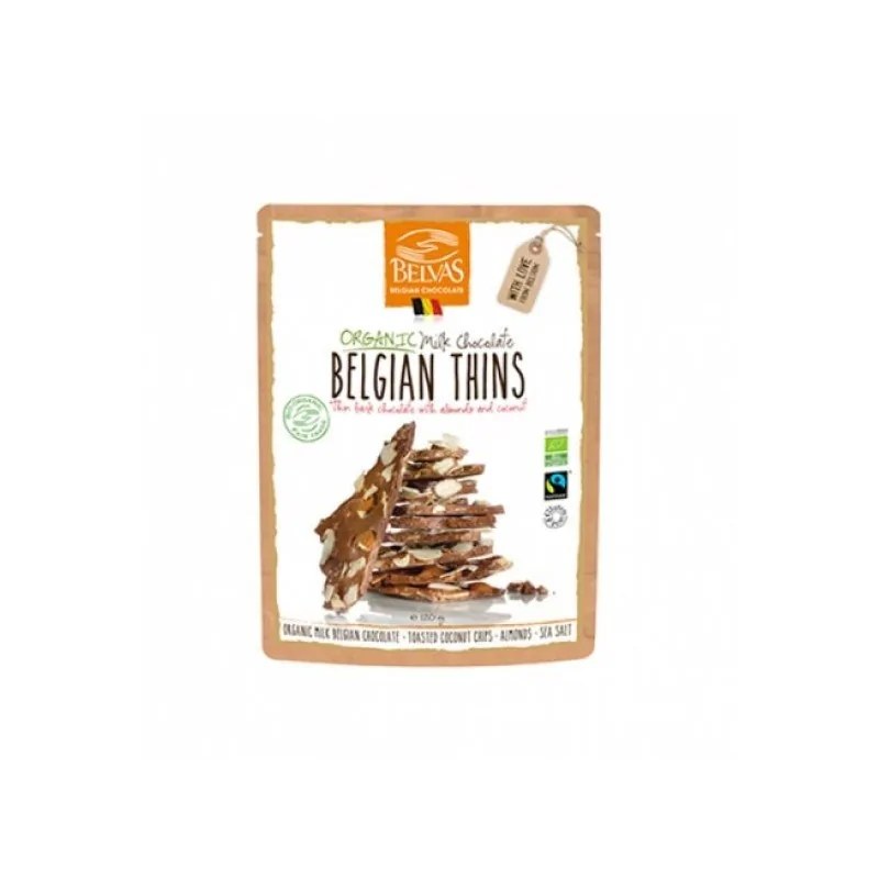BELVAS BELVAS  CHOCOLAT AU LAIT CASSES 120 G (chips de coco toastés, amandes et sel de mer)
