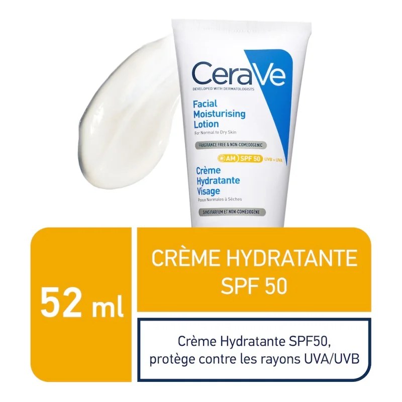 CERAVE   CeraVe Crème Hydratante Visage SPF50 Peaux Normales À Sèches  40ml