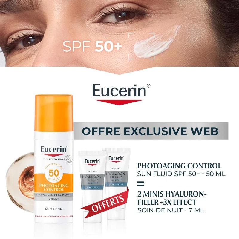 EUCERIN Eucerin Ecran SUN Fluide ANTI-ÂGE SPF 50+ - 50ml Achete + 2 Mini Hyaluron-Filler soin nuit 14ML OFFERTS