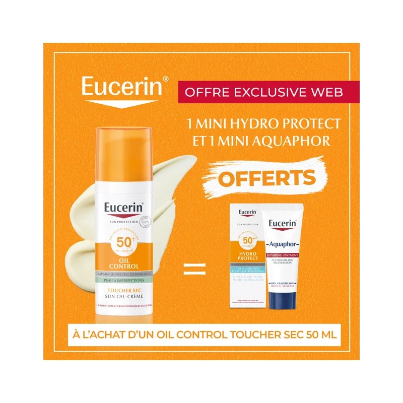 EUCERIN EUCERIN SUN OIL CONTROL SPF 50+ ACHETE + 1 MINI HYDRO PROTECT ET 1 MINI AQUAPHOR OFFERTS Promo-Ecom