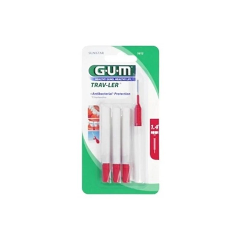 GUM SUNSTAR GUM TRAV-LER MANCHE PAR 4 UNITES AVEC BROSSETTE 1,4mm Fine