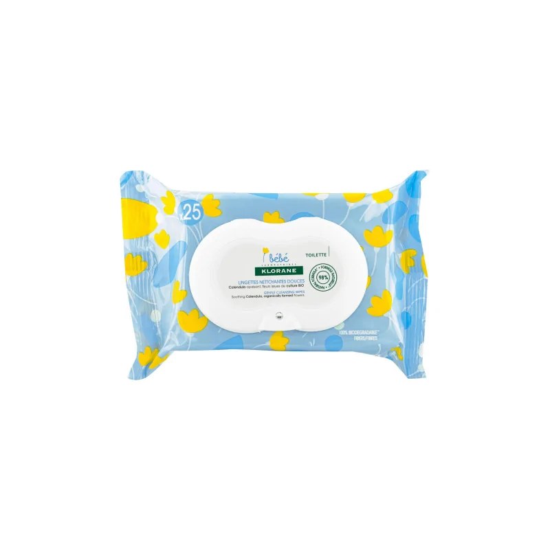 KLORANE Klorane - Lingettes nettoyantes douces pour le corps au Calendula apaisant - Bébé - Peau normale à sèche 25 u